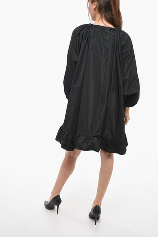 Popeline Shirt Dress with Drawstringed Neck and Bat-wing Sleeves 