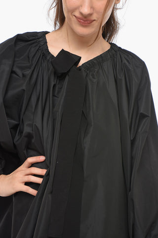Popeline Shirt Dress with Drawstringed Neck and Bat-wing Sleeves 