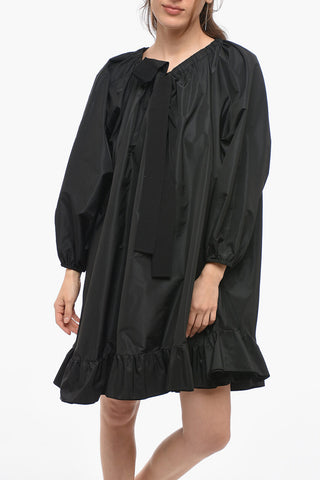 Popeline Shirt Dress with Drawstringed Neck and Bat-wing Sleeves 