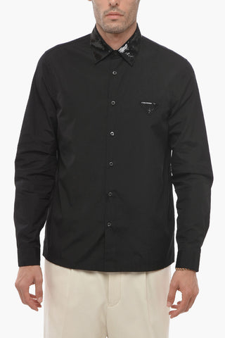 Popeline Cotton Shirt with Sequined Collar and Logo