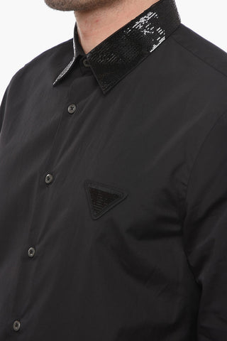 Popeline Cotton Shirt with Sequined Collar and Logo
