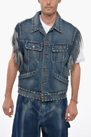Sleeveless Fringed Denim Jacket with Studs