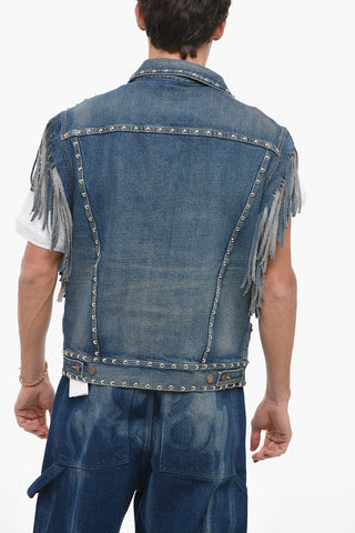 Sleeveless Fringed Denim Jacket with Studs