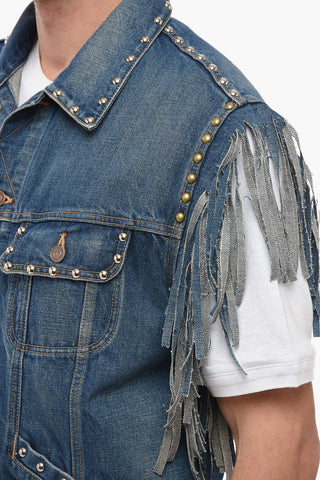 Sleeveless Fringed Denim Jacket with Studs