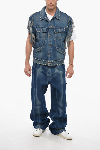 Sleeveless Fringed Denim Jacket with Studs
