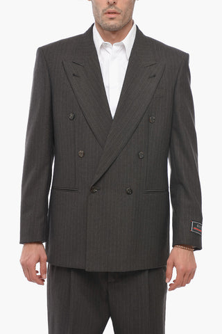 Double-breasted Herringbone Wool Blazer with Peak Lapel