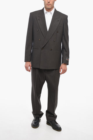 Double-breasted Herringbone Wool Blazer with Peak Lapel
