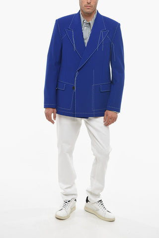 Blazer Doppiopetto in Misto Lana con Cuciture a Vista