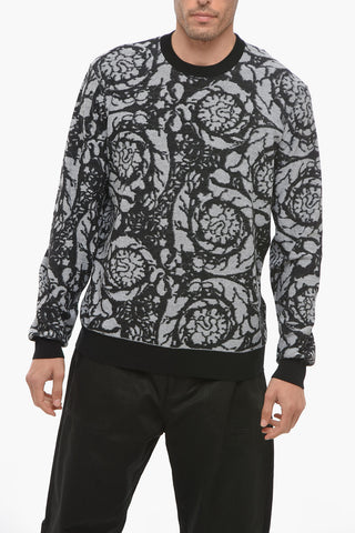 Crew Neck Jacquard Cotton Blend Sweater with Contrasting Edges