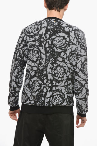 Crew Neck Jacquard Cotton Blend Sweater with Contrasting Edges