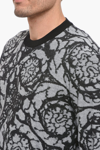 Crew Neck Jacquard Cotton Blend Sweater with Contrasting Edges