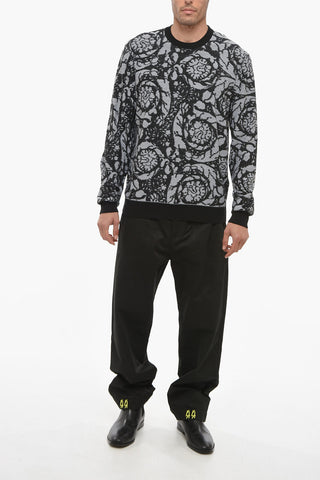Crew Neck Jacquard Cotton Blend Sweater with Contrasting Edges