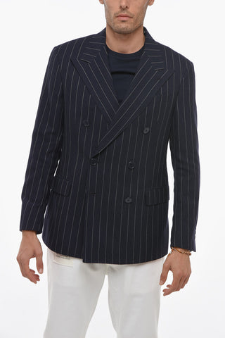 Double-breasted Wool Blend Blazer with Pinstriped Motif