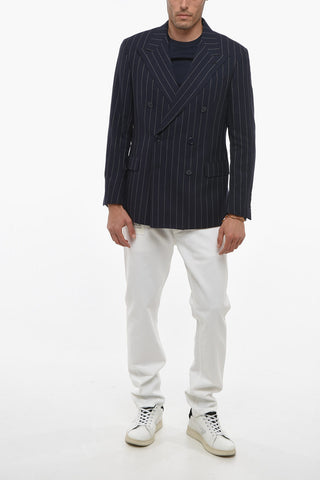 Double-breasted Wool Blend Blazer with Pinstriped Motif