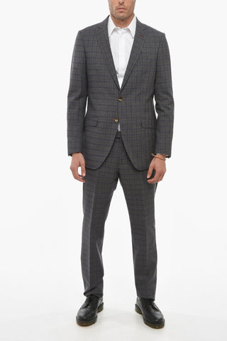 Wool Blend Plaid Check Suit with Flap Pockets