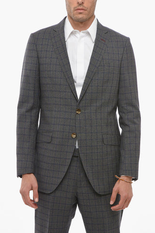 Wool Blend Plaid Check Suit with Flap Pockets
