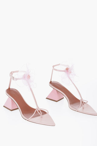 Point Toe Soft Leather T-Strap Sandals with Flower Application Heel 7cm
