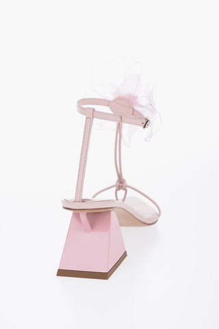 Point Toe Soft Leather T-Strap Sandals with Flower Application Heel 7cm