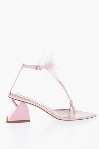Point Toe Soft Leather T-Strap Sandals with Flower Application Heel 7cm