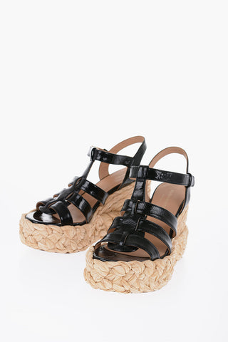 Patent Leather Sandals with Raffia Wedge 11cm