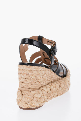 Patent Leather Sandals with Raffia Wedge 11cm