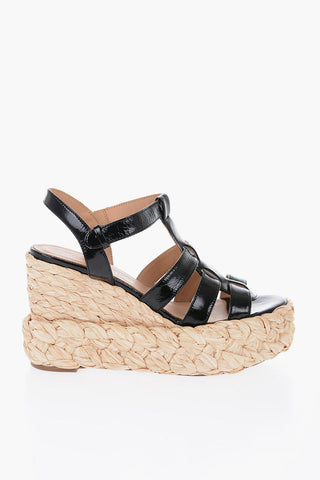 Patent Leather Sandals with Raffia Wedge 11cm