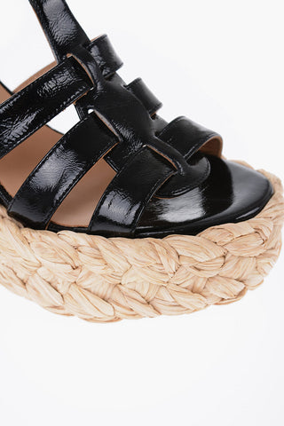 Patent Leather Sandals with Raffia Wedge 11cm