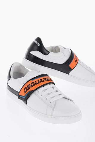 Low-Top Leather Sneakers with Logoed Touch Strap Closure