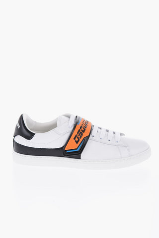 Low-Top Leather Sneakers with Logoed Touch Strap Closure