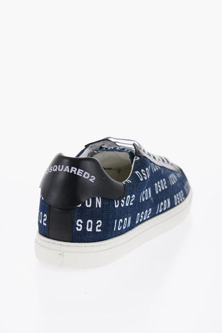 All-Over Monogram Denim Low-Top Sneakers with Leather Details 