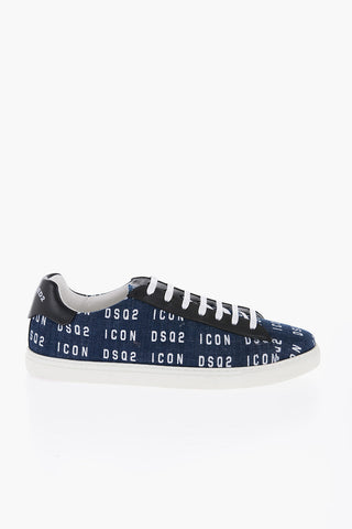 All-Over Monogram Denim Low-Top Sneakers with Leather Details 