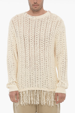 Perforated Crew-neck Sweater with Fringes