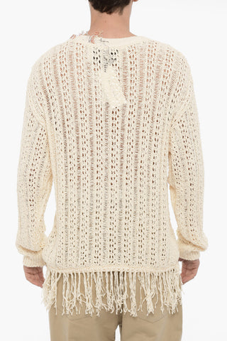 Perforated Crew-neck Sweater with Fringes