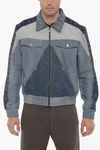 Patchwork Effect Denim Jacket with Zip Closure