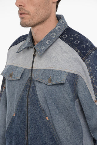 Patchwork Effect Denim Jacket with Zip Closure