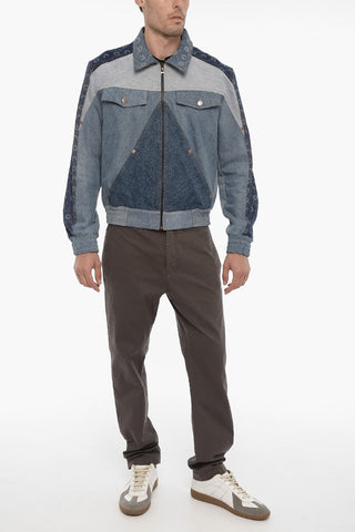 Patchwork Effect Denim Jacket with Zip Closure