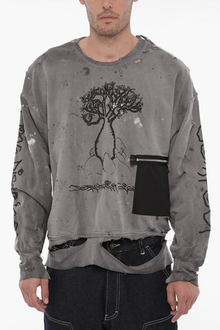 Distressed Effect Crewneck Sweatshirt with Patch Pocket