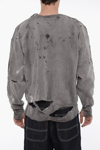 Distressed Effect Crewneck Sweatshirt with Patch Pocket