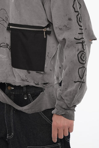 Distressed Effect Crewneck Sweatshirt with Patch Pocket
