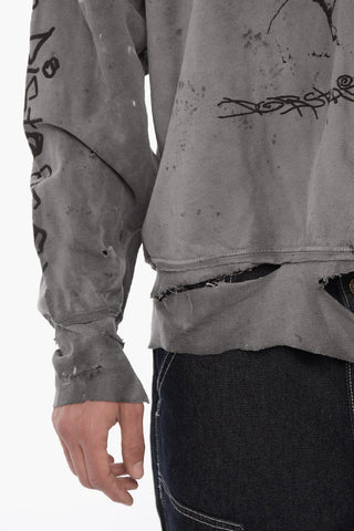 Distressed Effect Crewneck Sweatshirt with Patch Pocket