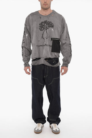 Distressed Effect Crewneck Sweatshirt with Patch Pocket