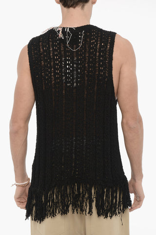 Perforated Sleeveless GORDON Crew-neck Sweater with Fringes