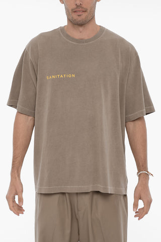 Solid Color SANITATION Crew-neck T-Shirt with Contrasting Print