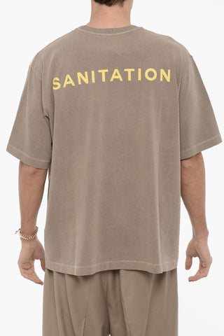 Solid Color SANITATION Crew-neck T-Shirt with Contrasting Print