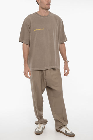 Solid Color SANITATION Crew-neck T-Shirt with Contrasting Print