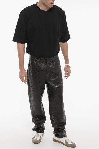GOLD LINE 5-Pockets Leather Pants with All-Over Logo