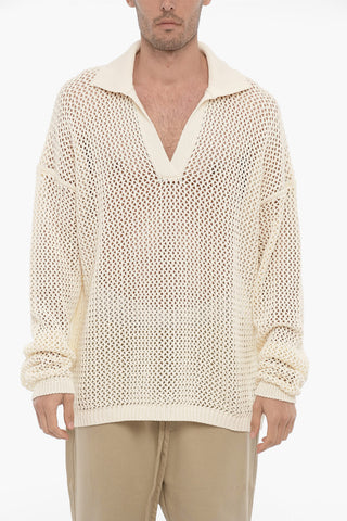All-Over Perforated Sweater with Polo Collar