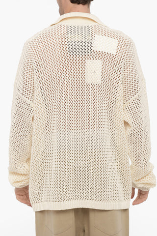 All-Over Perforated Sweater with Polo Collar