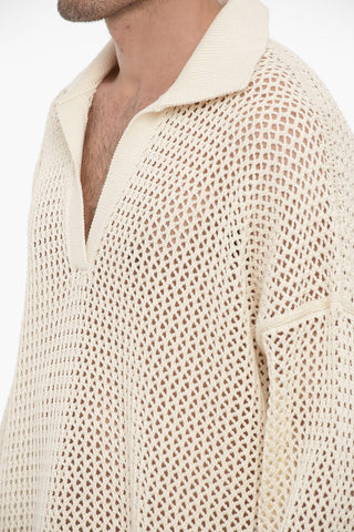 All-Over Perforated Sweater with Polo Collar