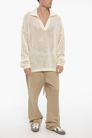 All-Over Perforated Sweater with Polo Collar